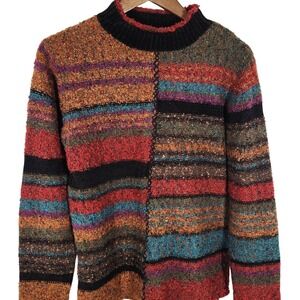 Coldwater Creek Retro Boucle Texture Striped Pullover Mock Neck Sweater Size S
